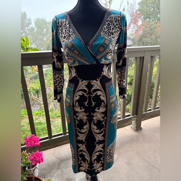 Eva Varro Dresses & Skirts - Eva Varro Teal Black Bodycon Dress w Baroque,Chain,Leopard Print size Small